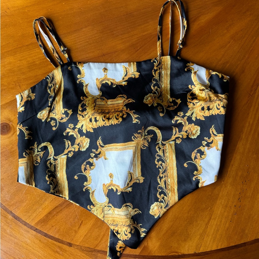 Elegant Black and Gold Baroque Print Tie Top